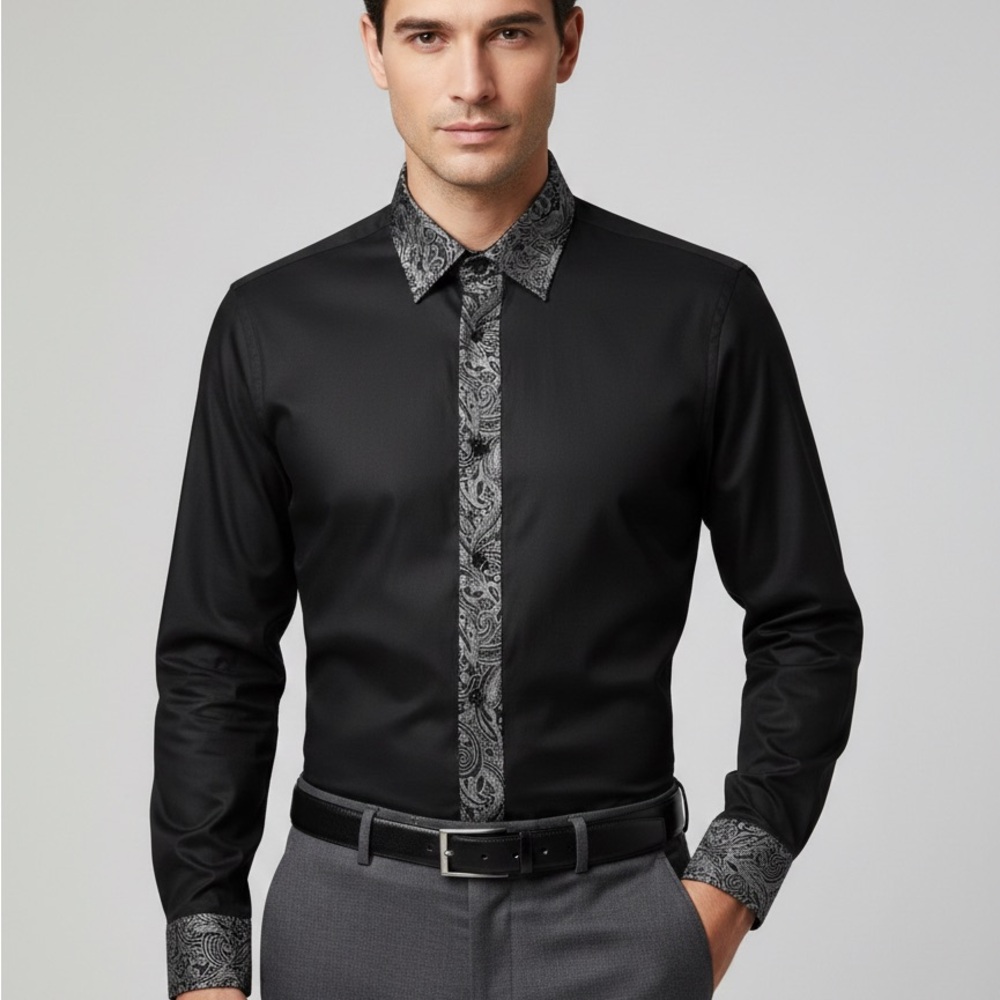 NWT Barry Wang Black Splicing Dress Shirt w/ Silver Paisley Accents